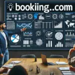 DALL·E 2023-11-05 09.42.51 – An image of a person presenting in front of a large screen with the words ‘Booking.com’ prominently displayed in large font. The presenter, a middle-e
