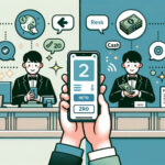 DALL·E 2023-10-31 14.14.25 – Illustration of a split scene comparing two hotel payment methods. On the left, a guest is using a smartphone for ‘事前決済’, with icons indicating conven