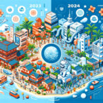 DALL·E 2023-10-31 14.17.14 – Illustration of the same split scene showcasing the vibrant and bustling Okinawa hospitality scene in 2023 and a futuristic vision for 2024. Now, scat