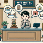 DALL·E 2023-10-31 13.49.48 – Illustration of a shop owner thinking deeply in a simpler hotel lobby atmosphere. Above the reception desk is a signboard displaying the name ‘MYZ HOT