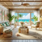 DALL·E 2023-12-12 10.35.48 – A tropical-themed living room interior with an ocean view. The room features bright and airy colors with natural materials like bamboo, wicker, and li