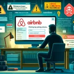 DALL·E 2024-04-18 14.09.04 – A horizontal image depicting an educational scene about phishing scams on Airbnb. The image shows a person looking at a computer screen, displaying a