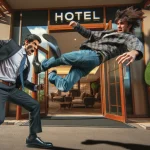 DALL·E 2024-05-24 13.26.28 – A wide image depicting a hotel manager aggressively kicking a troublesome guest out of the hotel. The scene shows the manager, dressed in a profession