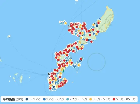 沖縄本島のAirbnbリスティング3,820軒の分布と平均価格帯