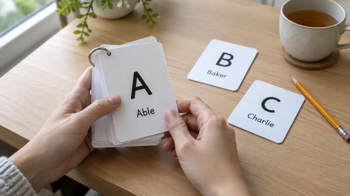 リング綴じの単語カードで「A=Able」「B=Baker」「C=Charlie」とエイブルベーカー式フォネティックコードを覚える練習をしている手元