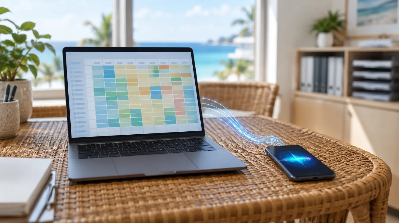 ホテル情報の表を映したノートパソコンから、隣のスマートフォンへ光の線が流れ、AIが情報を読み込んで即答するイメージ