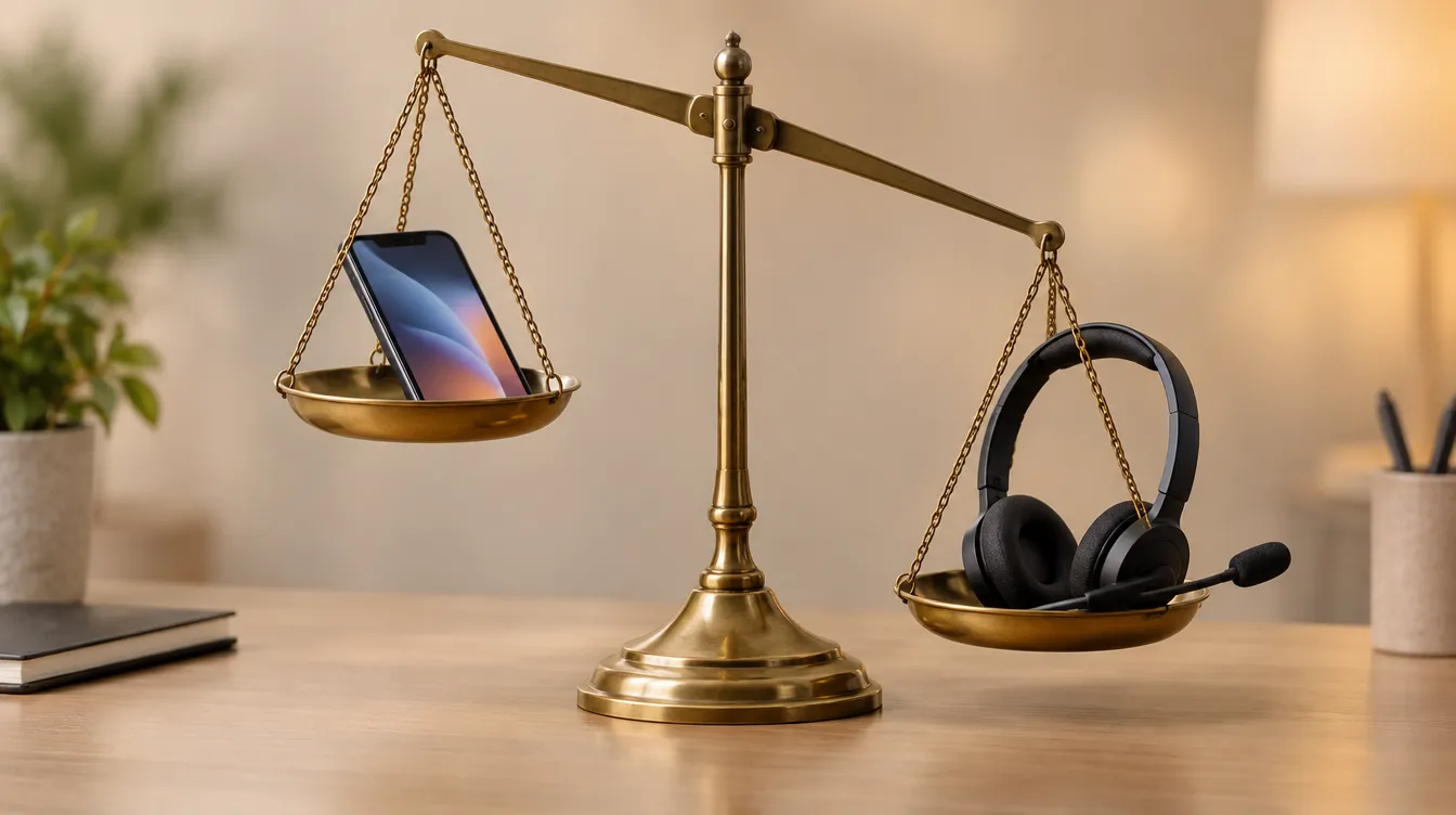 スマートフォンとヘッドセットを載せた天秤。AI電話の費用が電話代行より軽いことを表したイメージ