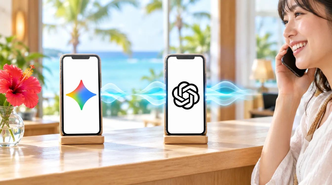 ホテルのカウンターに並んだ2台のスマートフォン。左の画面にGemini、右の画面にChatGPTのアイコンが表示され、ChatGPT側から電話中の女性へ声の波が伸びているイメージ