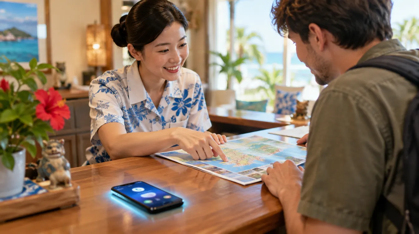 ホテルのスタッフが外国人ゲストに地図で案内し、手前のスマートフォンが光って電話を受けているイメージ