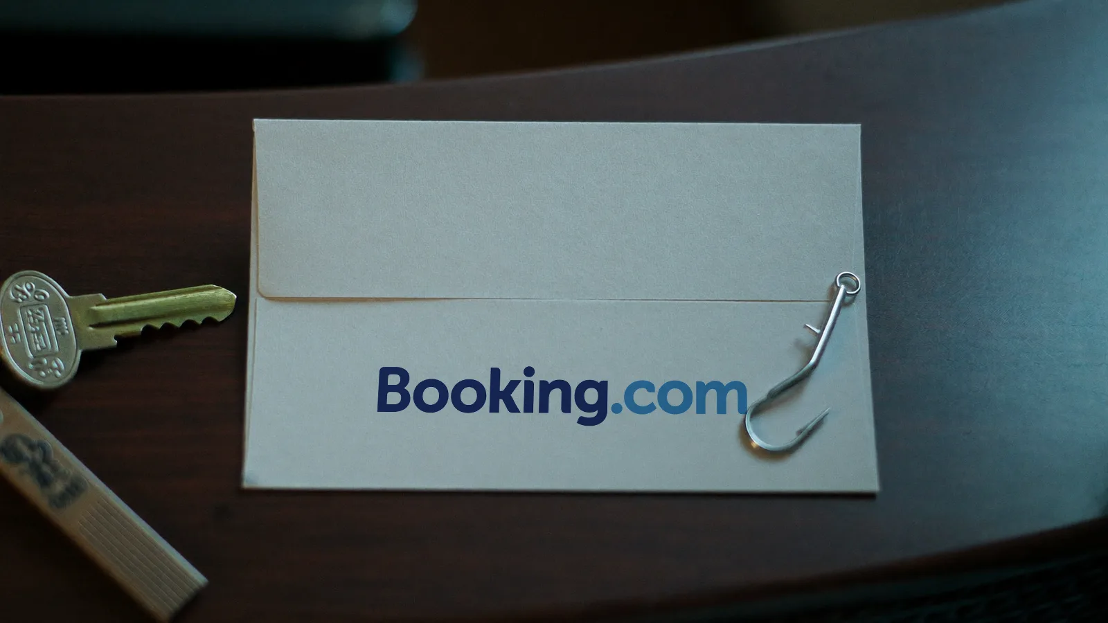 ホテルのフロントに置かれた封筒にBooking.comのロゴ、その上に釣り針。Booking.comを装うフィッシングメールのイメージ