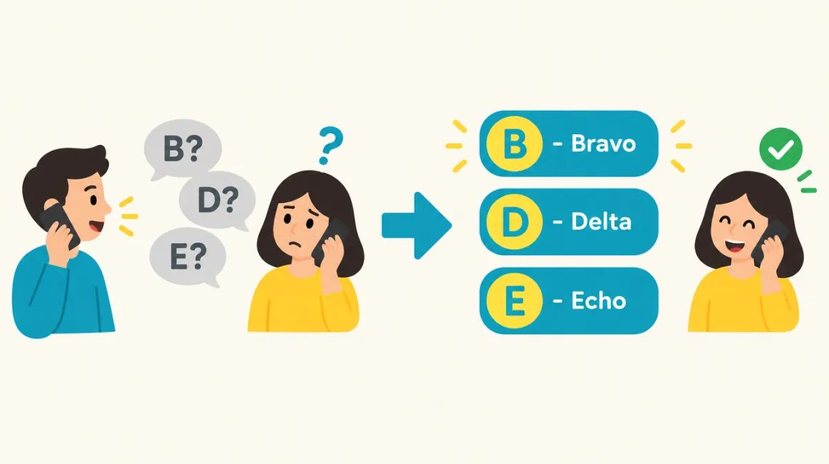 B・D・Eは電話で聞き間違えやすいが、Bravo・Delta・Echoのようにフォネティックコードで伝えると一度で伝わることを示す図解