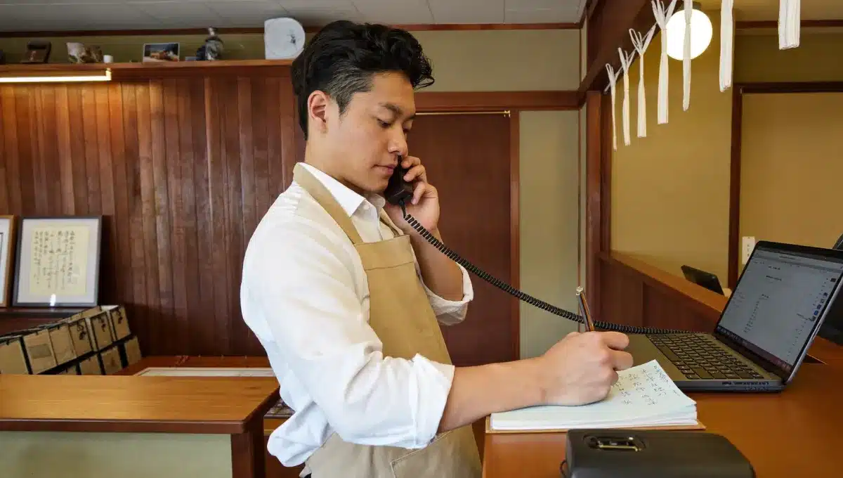 小さな宿のフロントで、電話を受けながらゲストの名前のスペルを書き取るスタッフ。フォネティックコードが役立つ場面