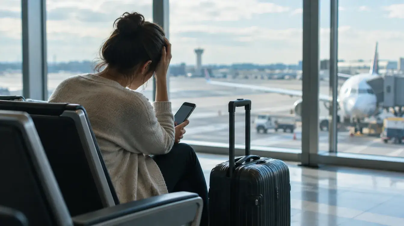 空港でホテルに忘れ物をしたことに気づき、スマートフォンを見て困っている旅行者