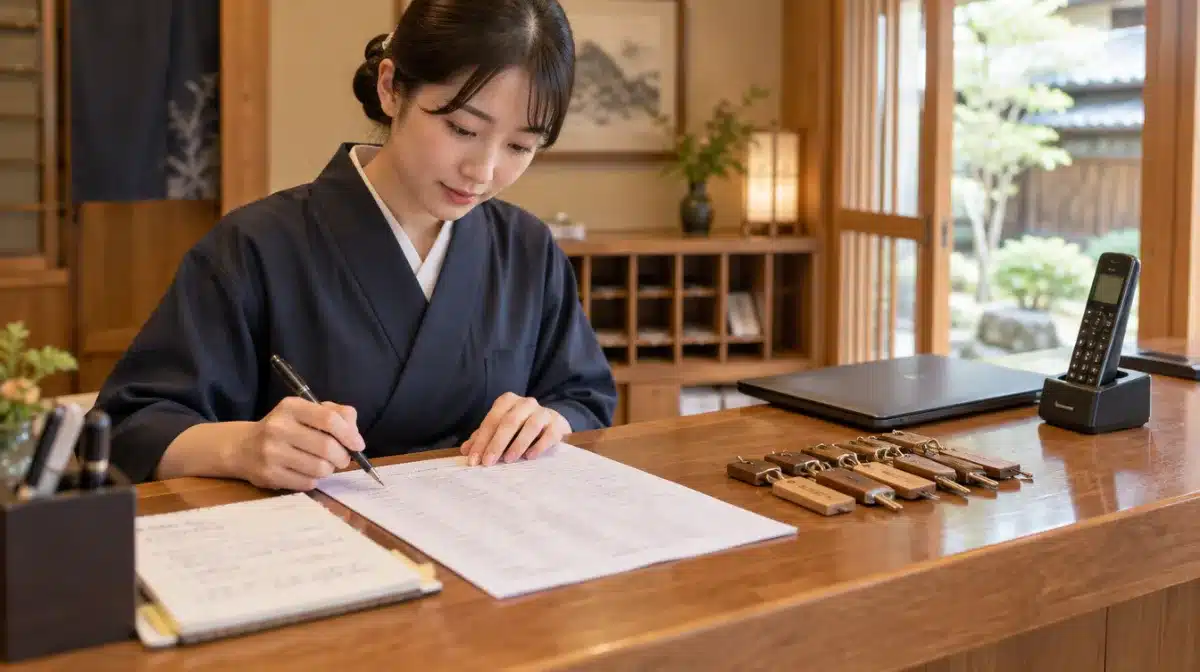 小さな宿のフロントで、紙のチェックイン予定表に書き込むスタッフ
