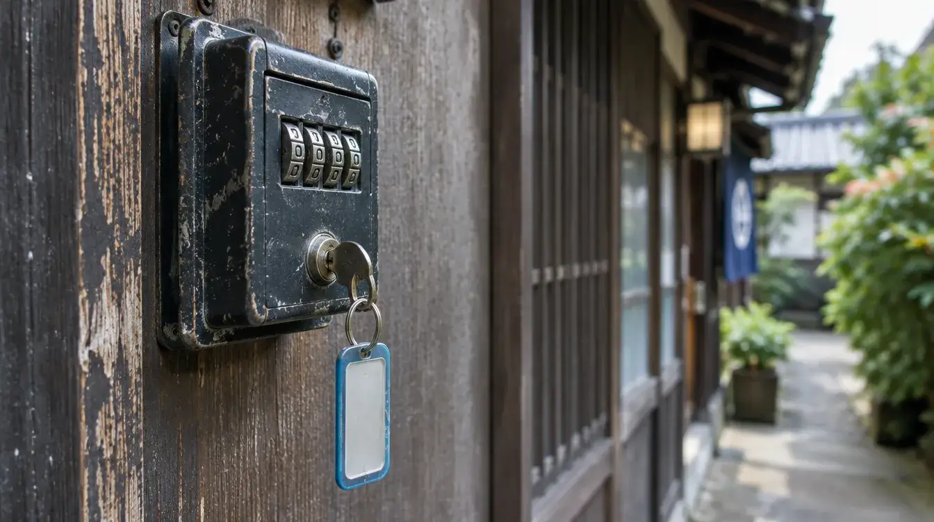宿の外壁に取り付けられた古いダイヤル式キーボックスと、タグ付きの鍵