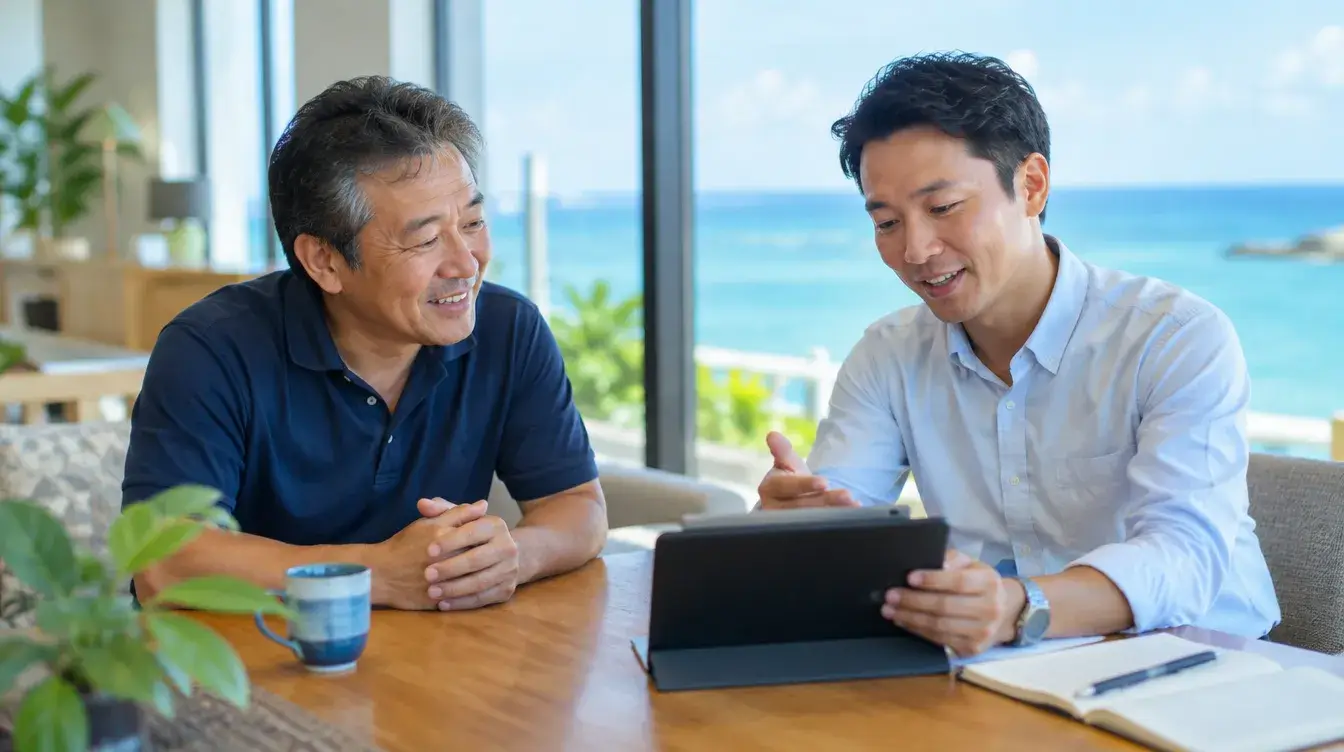 海の見える打ち合わせスペースで、ホテルオーナーと運営代行の担当者がタブレットを見ながら話している様子
