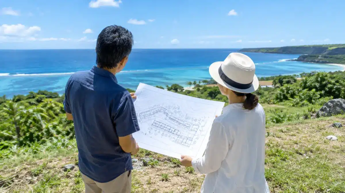 海を見下ろす高台の空き地で、図面を広げてホテルの計画を話し合う土地オーナーと設計者
