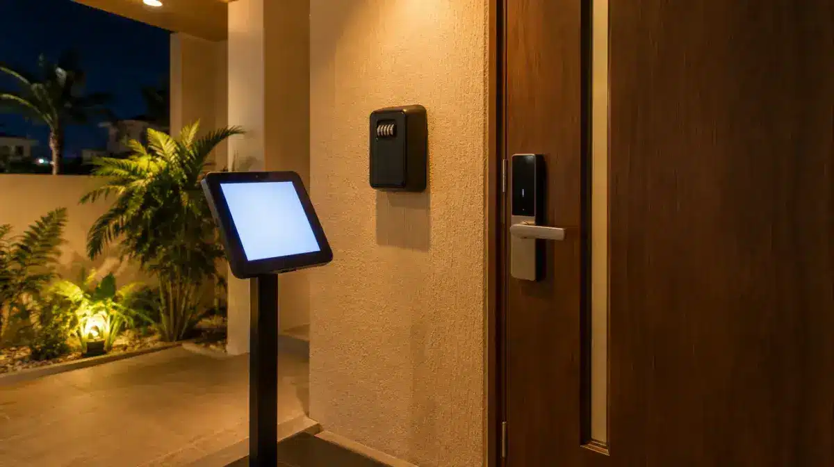 夜の無人ホテルの入口。スマートロック付きのドア、壁のキーボックス、セルフチェックイン用のタブレット